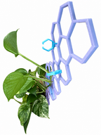 Close-up of blue plant clips on a lavender honeycomb trellis supporting a pothos vine, on an edited white background. Plant is not included.