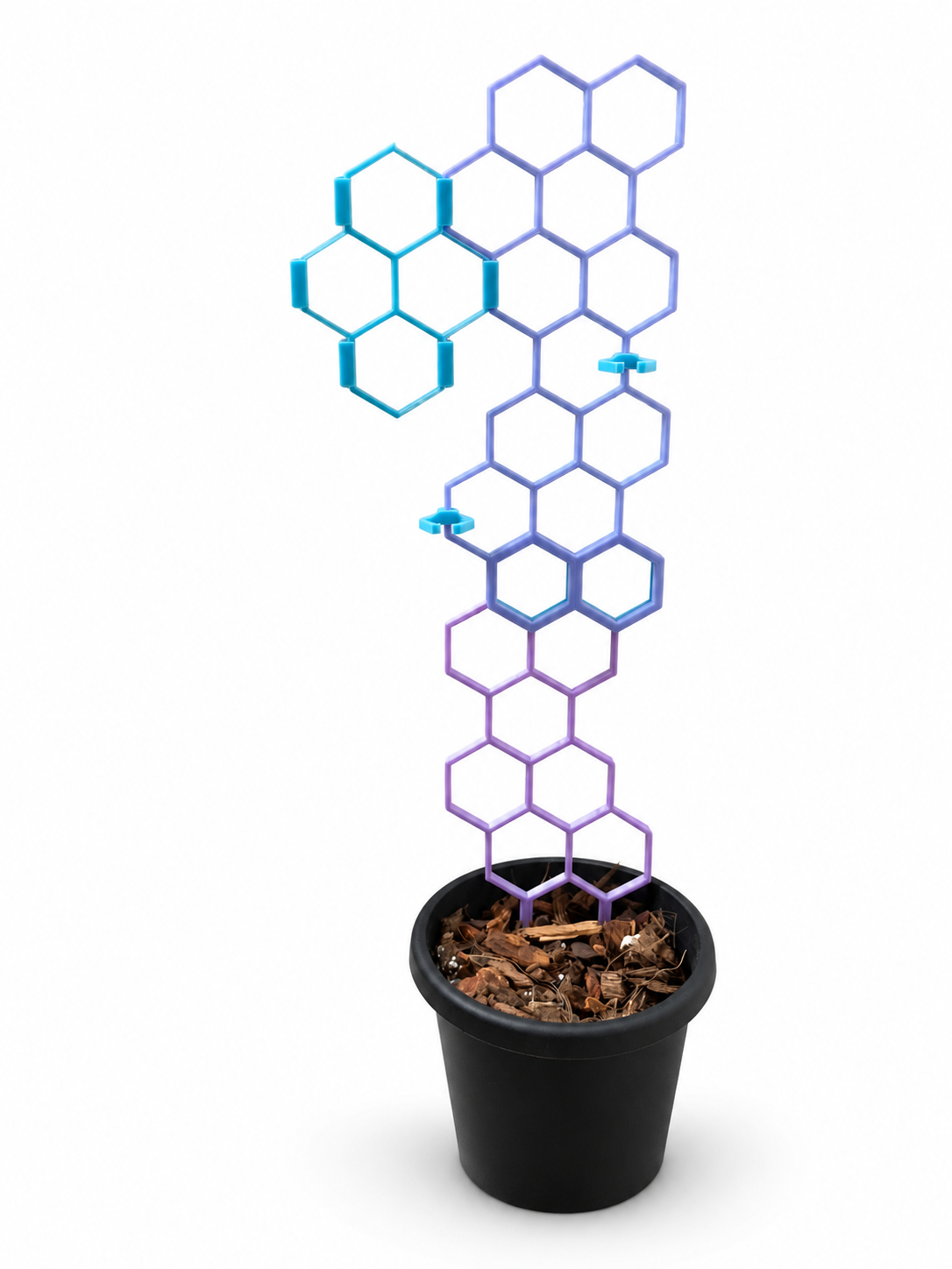 Purple and blue honeycomb trellis in an expanded example arrangement with clips and a black pot on a white background. Extra trellis pieces and pot are not included in the kit.